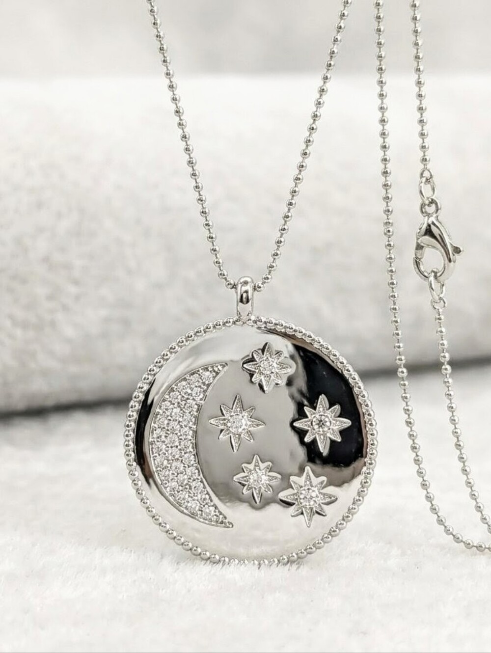 Swarovski Crystal Pavé Moon Star Medallion Pendant Necklace Silver